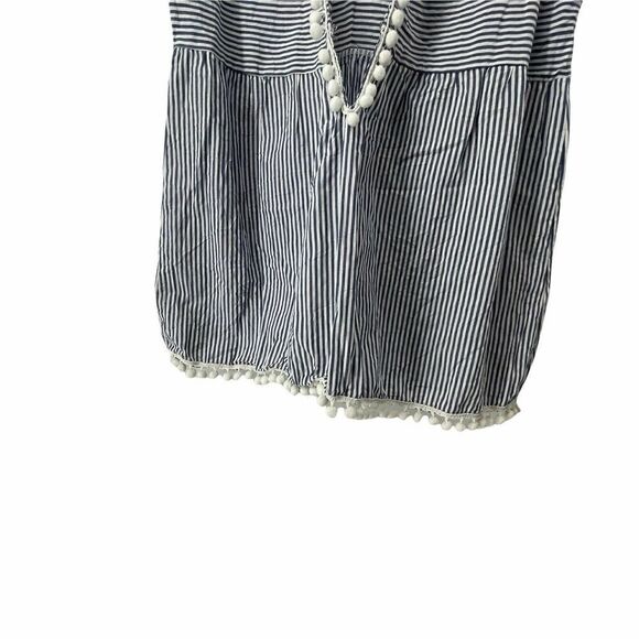 Blush Pom Pom Sleeveless Top Blue White Striped Deep Adjustable V Neck Womens L - Picture 5 of 10